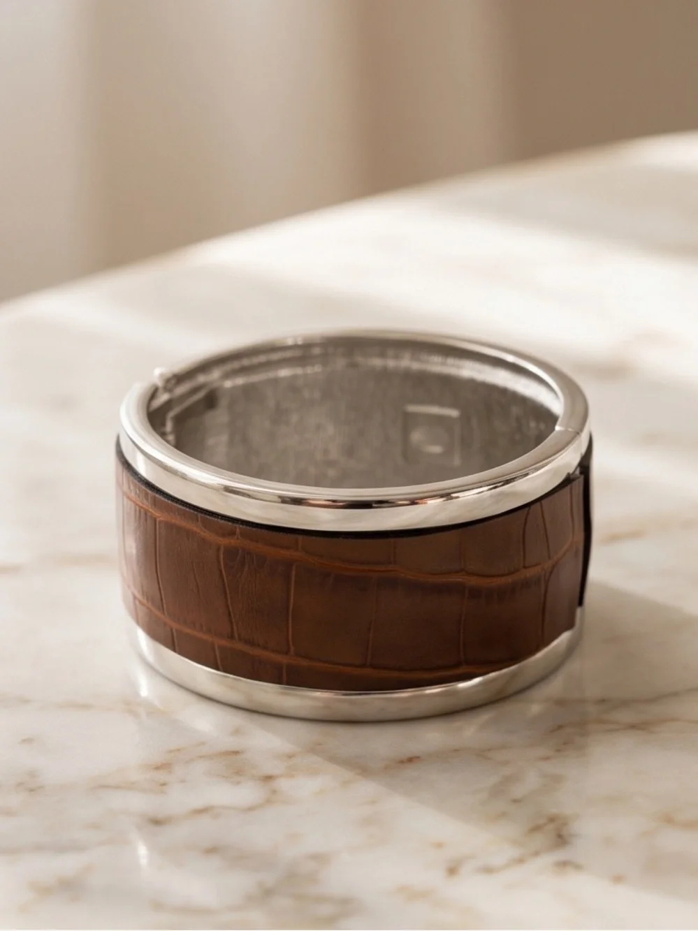 Silver-Toned Wide Cuff Clamper Bracelet with Brown Croc-Embossed Leather, 8-1/2”